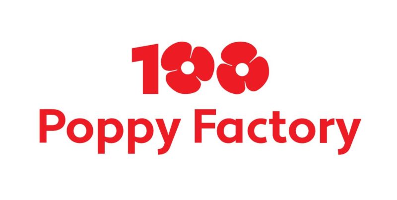The Poppy Factory centenary logo. It is a white background with the words 100 Poppy Factory in red. The zeros of the 100 are shaped like poppy flowers. | VOS