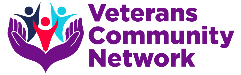 The charity logo for Veterans Community Network (VCN), which features the charity name in purple text on the right and on the left is a graphic of some purple hands with three people in them, one dark blue, one red and one light blue. | VOS