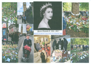 A collage of photos from to VOS volunteers' visit to London for the Lying-in-State of Queen Elizabeth II. In the middle at the top is a picture of the Queen, and around it are various pictures around London. There are lots of flowers laid down on grass and on memorial statues. One picture shows a person standing on the pavement with Big Ben clock tower in the background. Another picture shows an RAF veteran on a mobility scooter, dressed in a suit with medals on the left lapel and wearing an RAF beret. | VOS