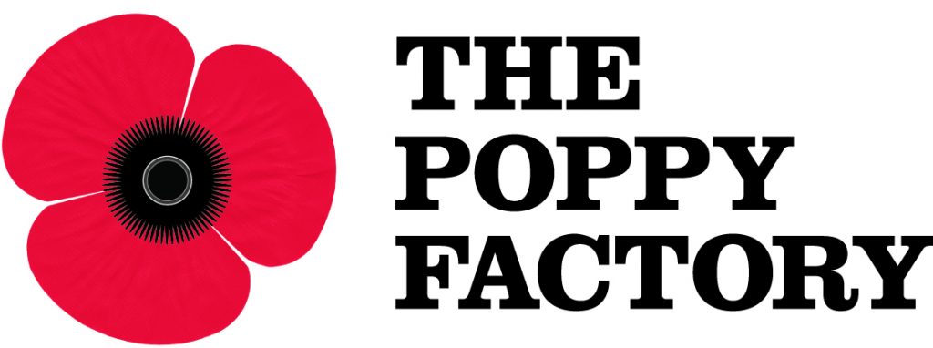 The Poppy Factory charity logo. A white background with a red poppy flower with a black centre on the left, and the words "The Poppy Factory" in black on the right.