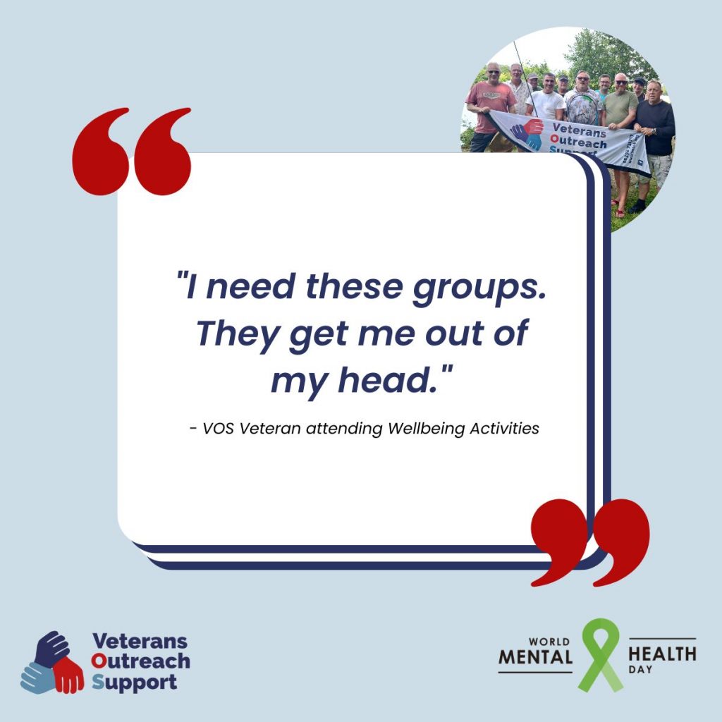 A pale blue background with a white square in the centre that has a blue shadow border on the right and bottom sides and red quotation marks in the top left and bottom right corners. Within the square is a quote with the words "I need these groups. They get me out of my head." from a VOS Veteran attending Wellbeing Activities. In the top right corner is a circle image of a group of people holding up a white banner with the charity logo for Veterans Outreach Support on it. In the bottom left corner is the VOS logo again and in the bottom right corner is the World Mental Health Day logo, featuring a green ribbon. | VOS