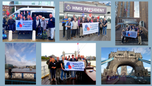 A collage of photos of a group of people from VOS travelling around London. Four of the photos feature the group standing holding up a white banner with the Veterans Outreach Support charity logo on it. | VOS