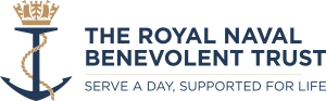 The RNBT charity logo, which features a dark blue anchor with a pale brown crown above it and a rope wrapped round it at the left. To the right are the words "The Royal Navy Benevolent Trust" in dark blue, and below them is a light blue line. Below the line are the words "Serve a day, supported for life" in dark blue text. | VOS