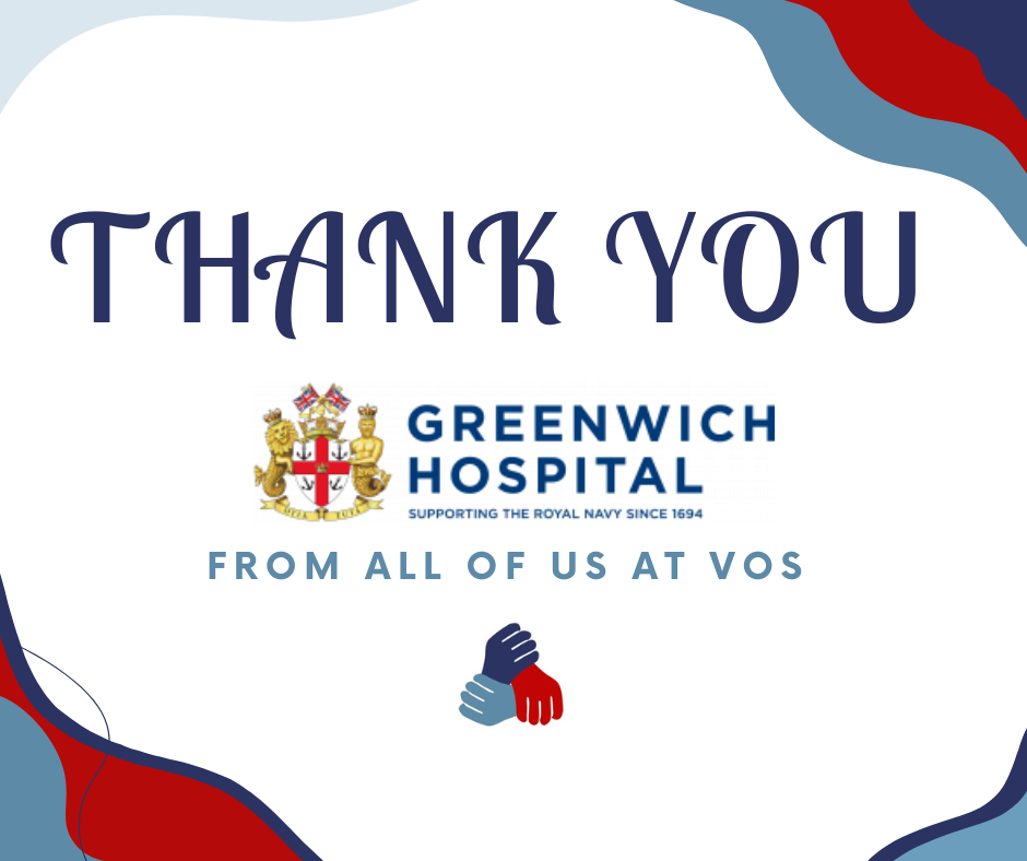 A white background with coloured wavy lines and thick blocks of colour in dark blue, red and light blue, the colours of the VOS logo. In the middle are the words "Thank you" in large dark blue text, the Greenwich Hospital charity logo which features a coat of arms, the words "from all of us at VOS" and the Veterans Outreach Support (VOS) charity logo at the bottom, which is three hands connected in a triangle shape, one in dark blue, one in red and one in light blue. | VOS