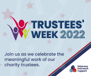 A pale blue background with faint red stars and paler blue spotlight lines. In this middle are the words "Trustees' Week 2022", with a logo showing three graphics of people with no legs and their arms up in a V shape. The biggest person is red, the middle size person is purple and the smallest person is lime green. At the bottom left are the words "Join us as we celebrate the meaningful work of our charity trustees". At the bottom right on a white background is the Veterans Outreach Support charity logo. | VOS