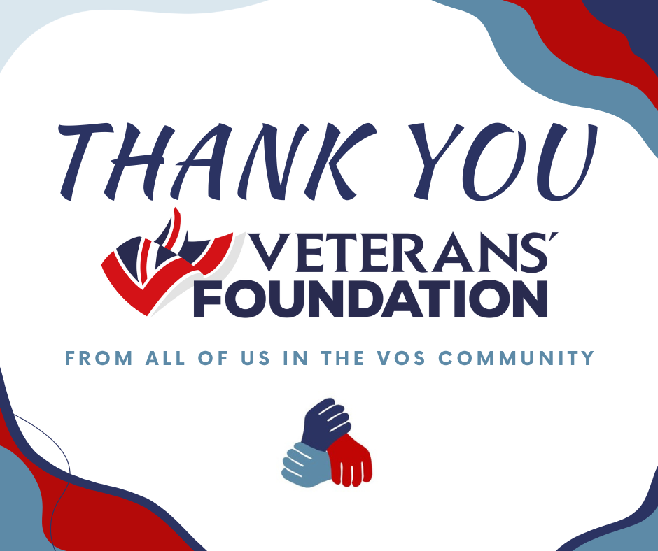 An image with the words "Thank you" in navy blue at the top, the Veterans' Foundation logo in the middle, the words "from all of us in the VOS community" below that in light blue, and the Veterans Outreach Support charity logo at the bottom. In the corners are wavy lines and blocks of colour in navy blue, red and light blue. | VOS