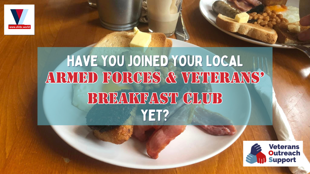 Plate of cooked breakfast with coffee cutlery on a wooden table, AFVBC and VOS logos, title: "Have you joined your local Armed Forces and Veterans Breakfast Club Yet?"