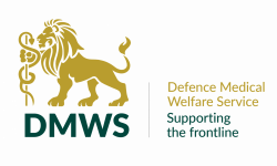 The Defence Medical Welfare Service logo. On the left is an image of a lion in a golden yellow colour, with the letters DMWS in dark green below. On the right are the words "Defence Medical Welfare Service" in golden yellow, and the words "Supporting the Frontline" in dark green below. | VOS
